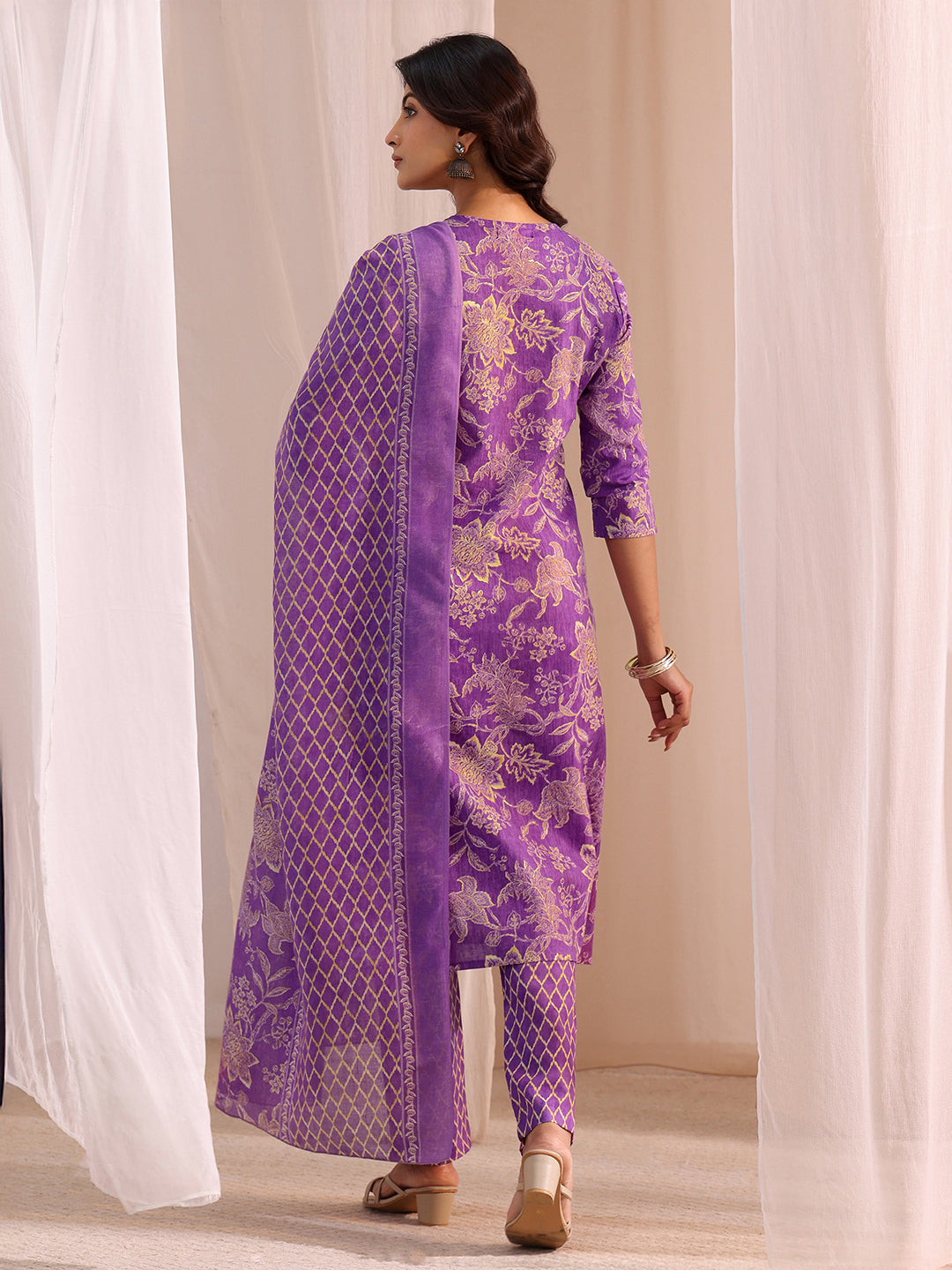  Purple Yoke Embellished Cotton Blend Straight Suit Set 