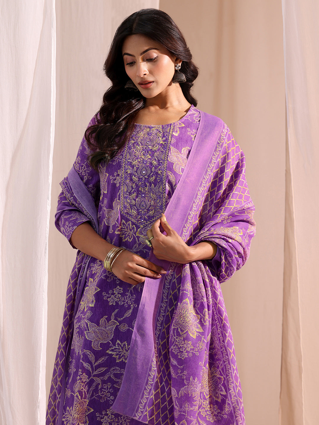  Purple Yoke Embellished Cotton Blend Straight Suit Set 