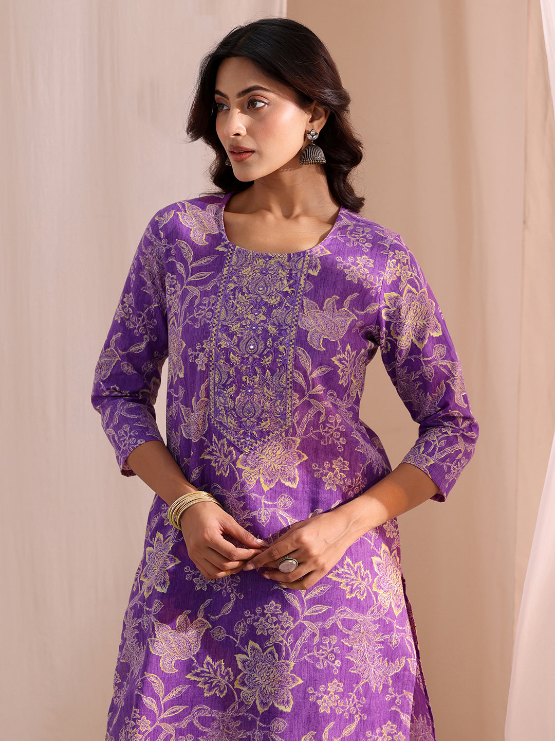  Purple Yoke Embellished Cotton Blend Straight Suit Set 