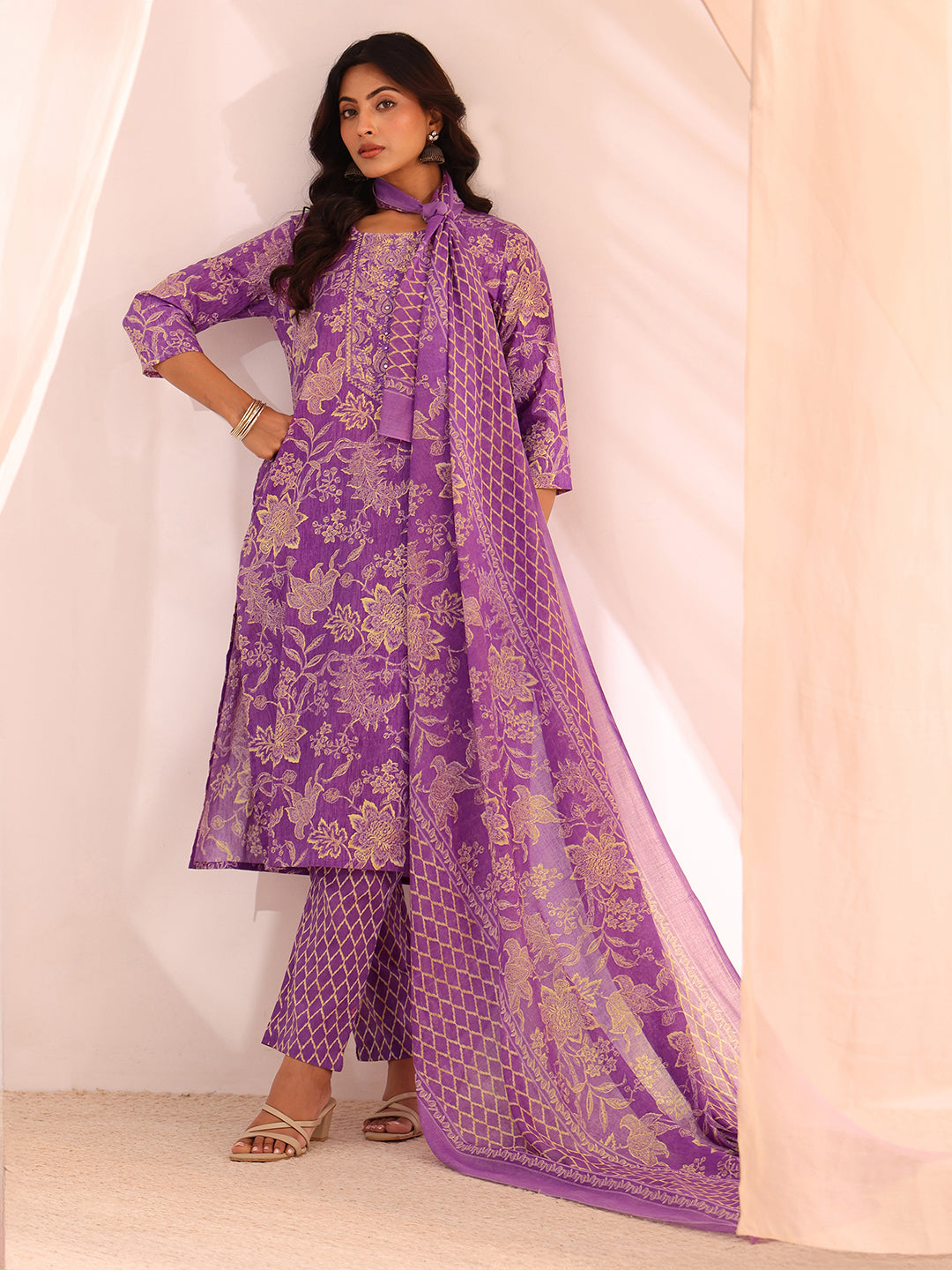 libas Purple Yoke Embellished Cotton Blend Straight Suit Set-picture-63