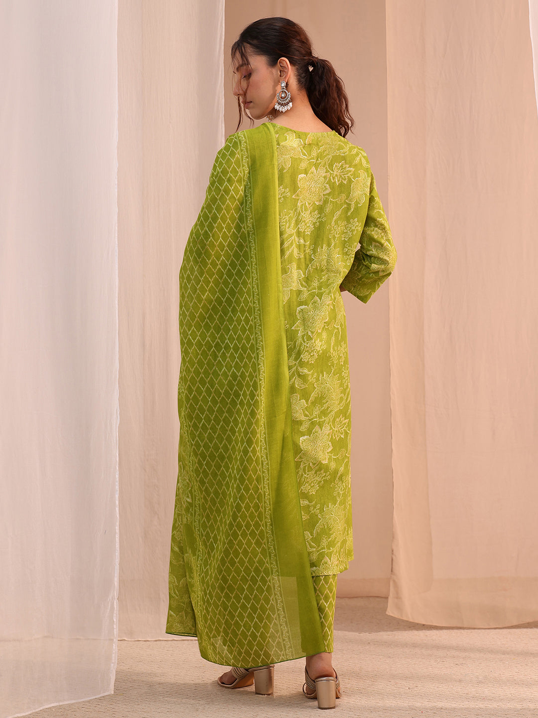  Green Yoke Embellished Cotton Blend Straight Suit Set 