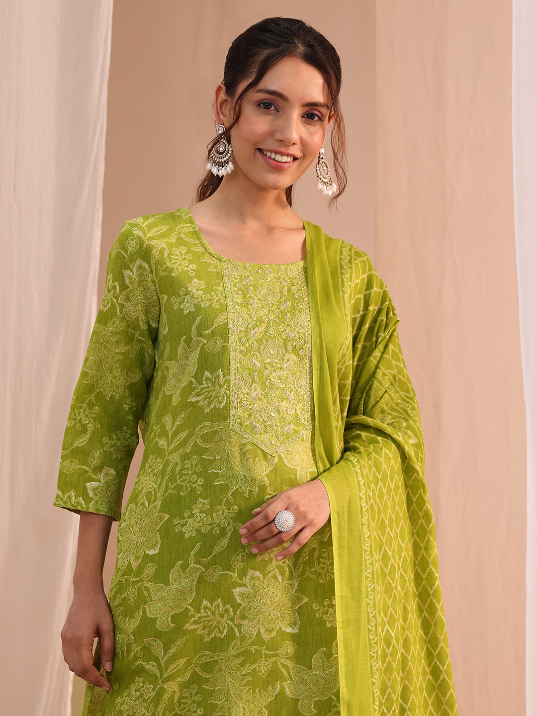  Green Yoke Embellished Cotton Blend Straight Suit Set 