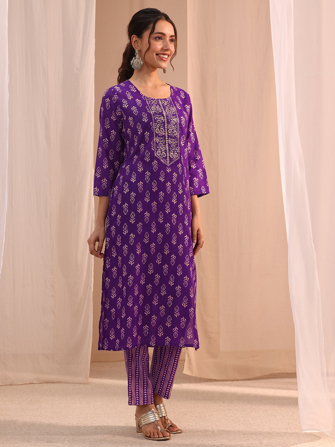  Purple Yoke Embellished Cotton Blend Straight Suit Set 