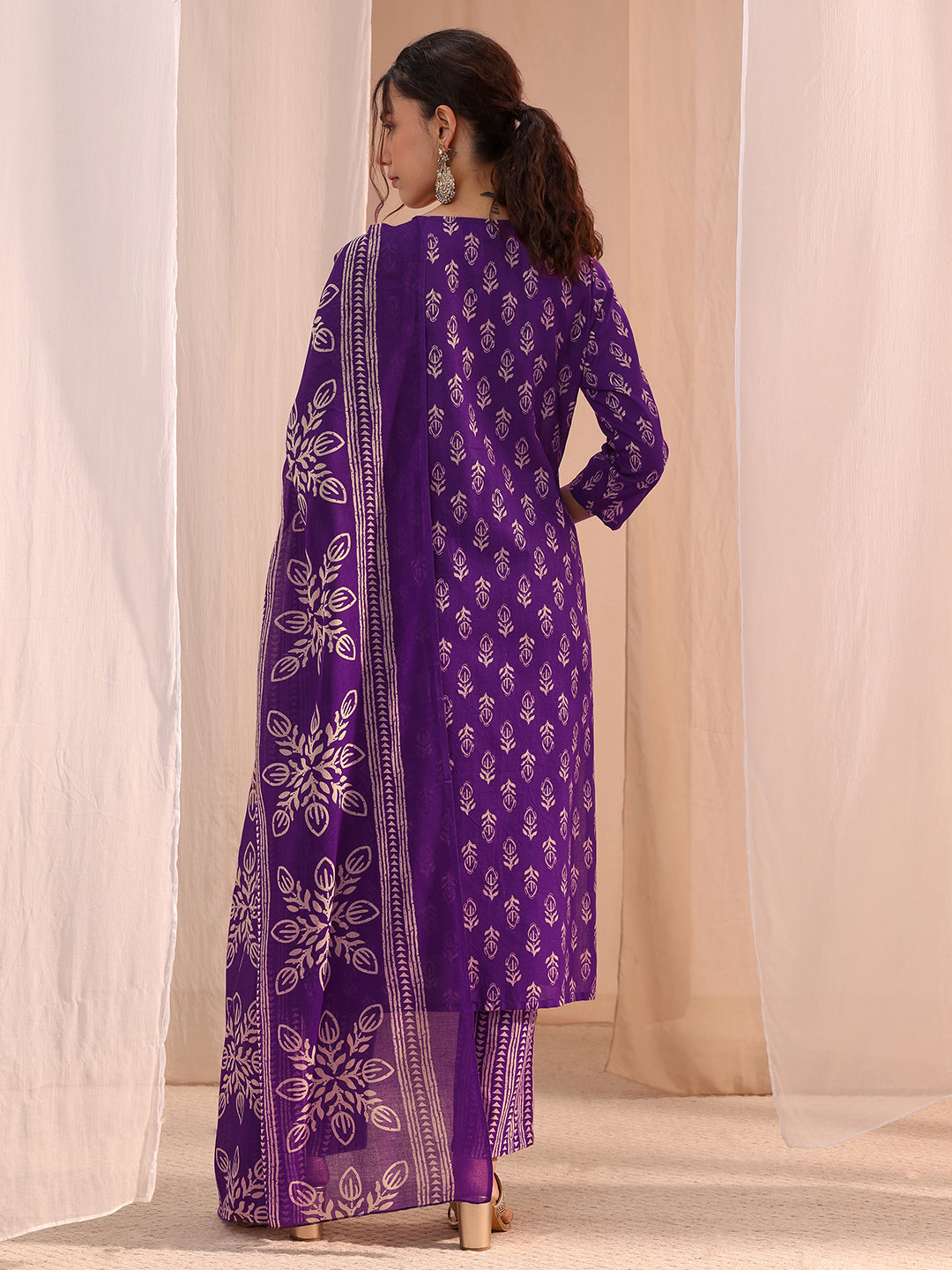  Purple Yoke Embellished Cotton Blend Straight Suit Set 