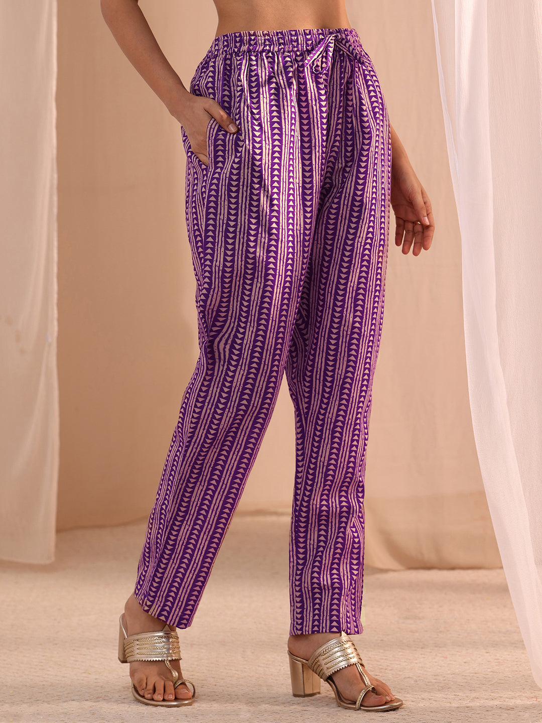  Purple Yoke Embellished Cotton Blend Straight Suit Set 