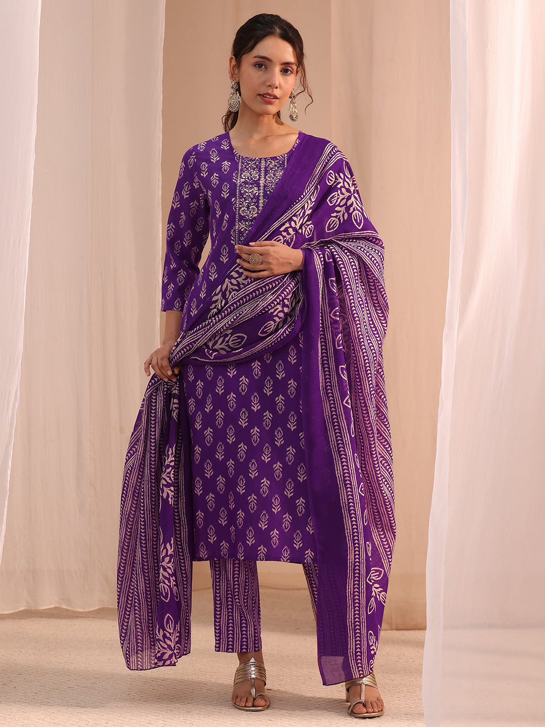  Purple Yoke Embellished Cotton Blend Straight Suit Set 