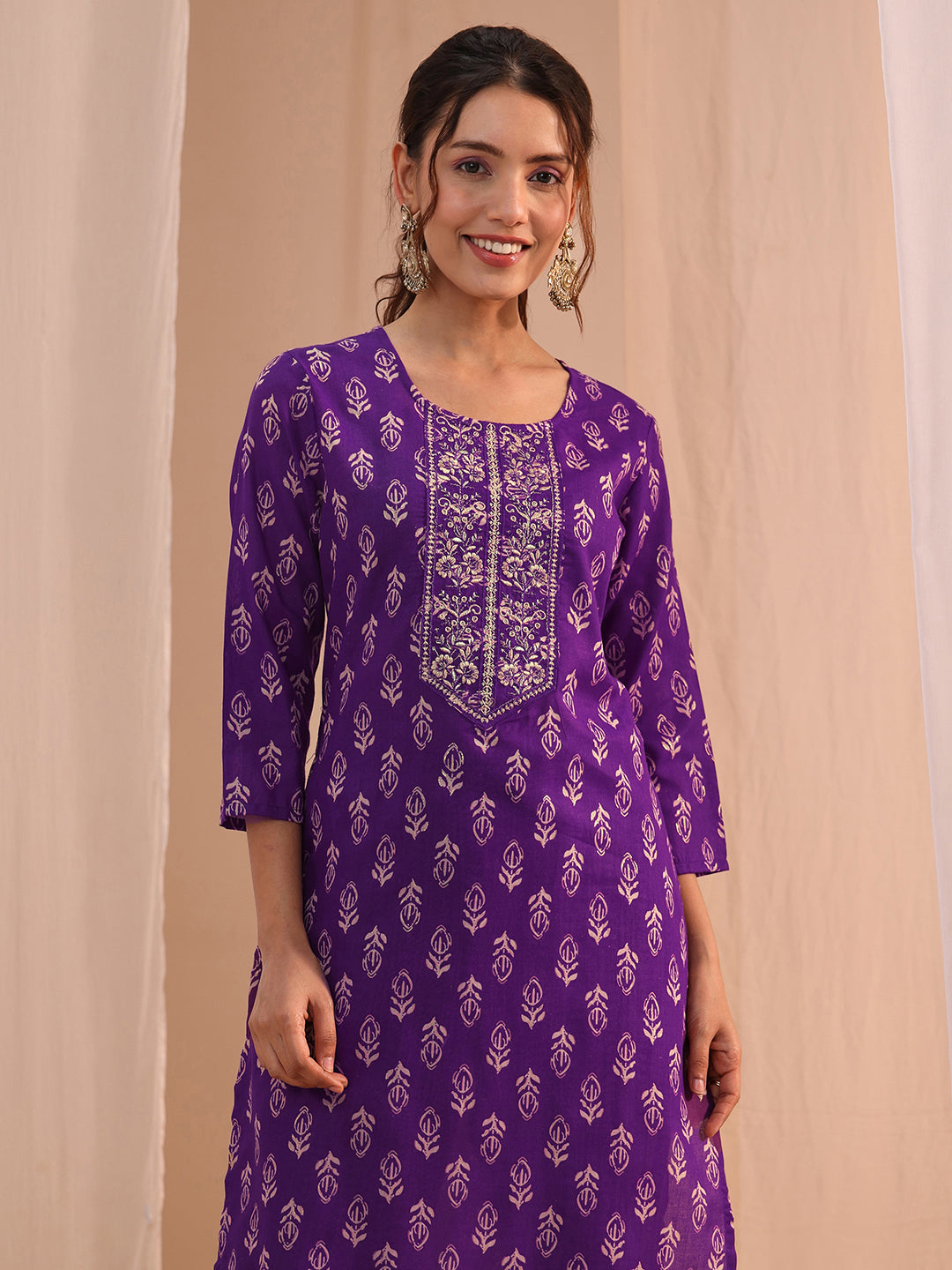  Purple Yoke Embellished Cotton Blend Straight Suit Set 