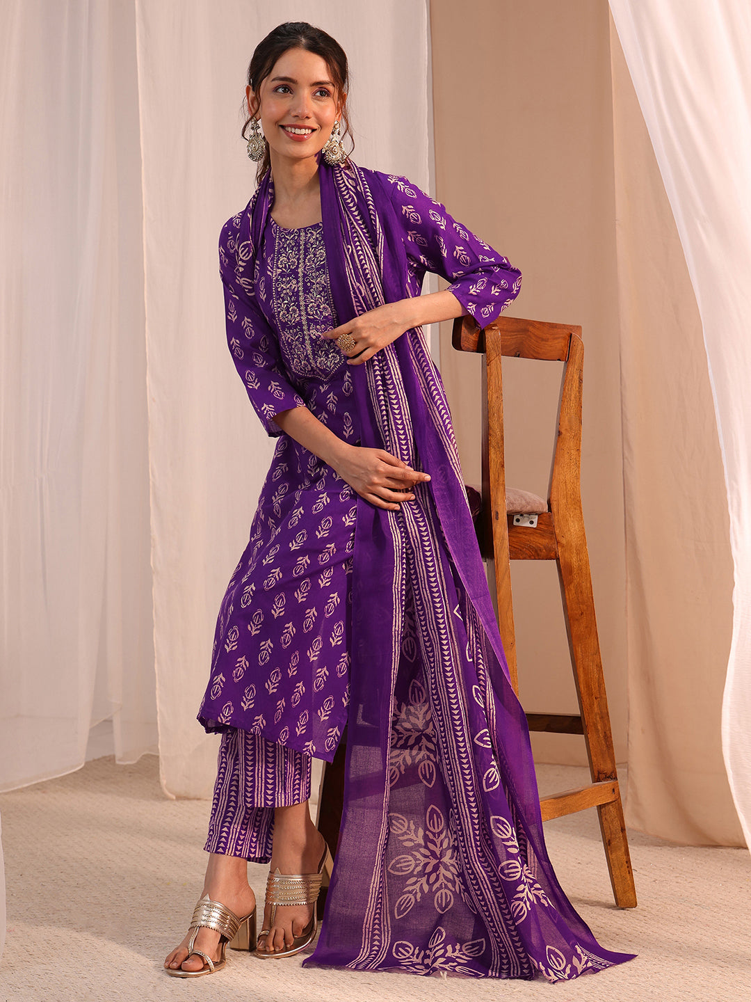 libas Purple Yoke Embellished Cotton Blend Straight Suit Set-picture-12