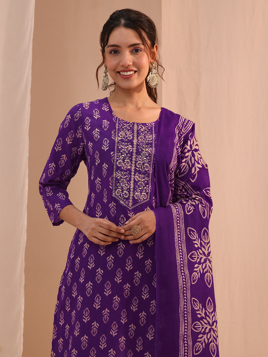  Purple Yoke Embellished Cotton Blend Straight Suit Set 