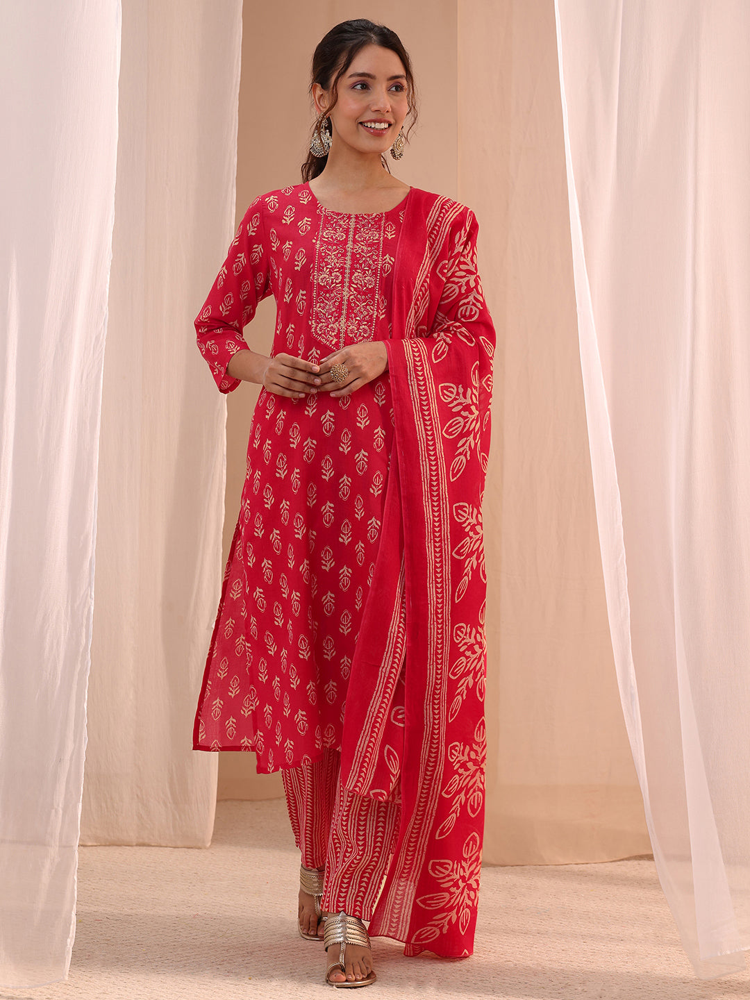  Red Yoke Embellished Cotton Blend Straight Suit Set 