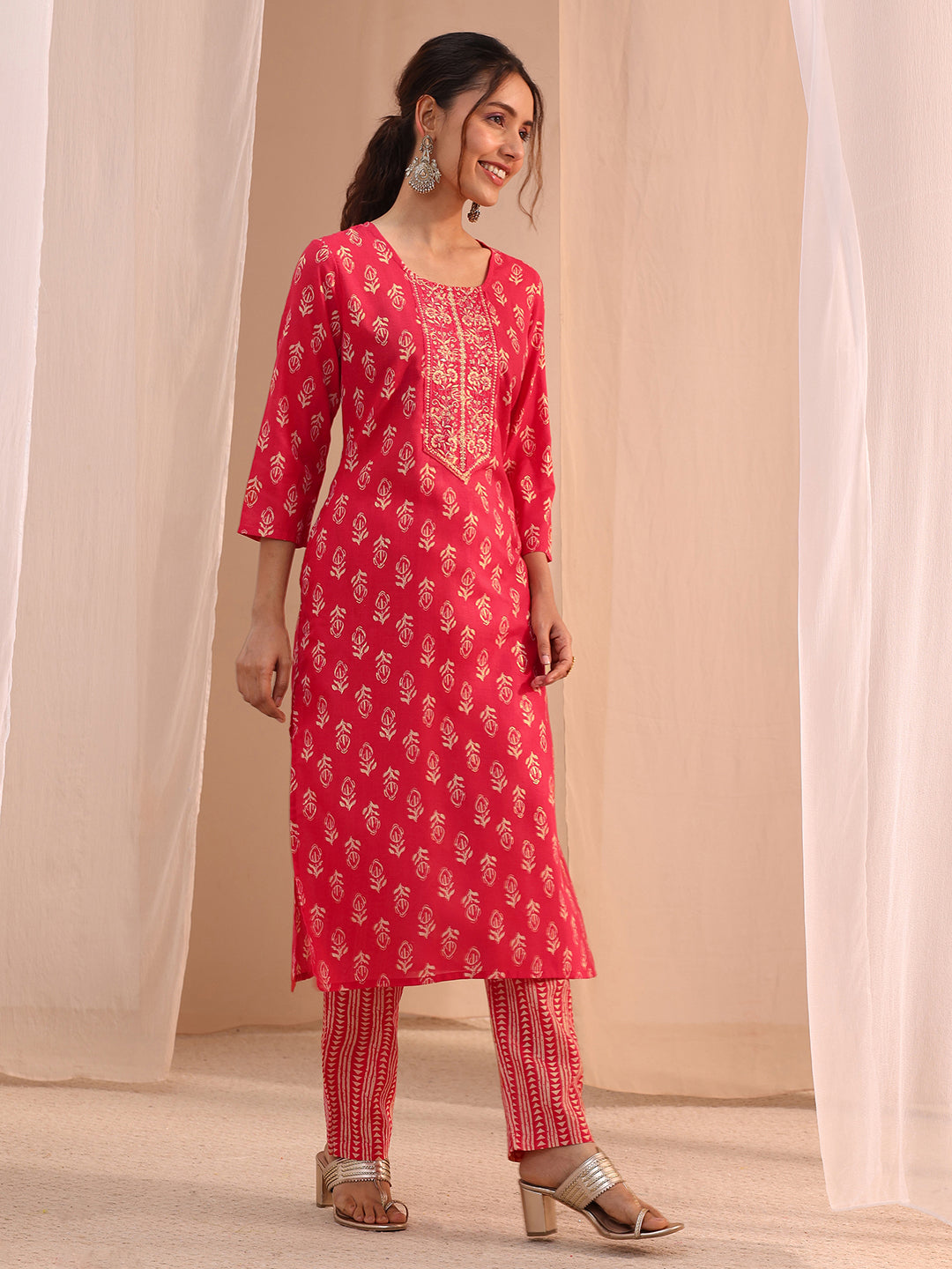  Red Yoke Embellished Cotton Blend Straight Suit Set 