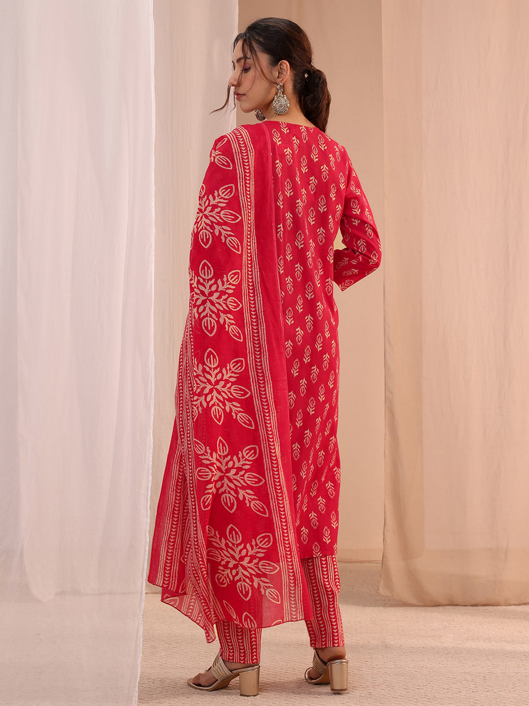  Red Yoke Embellished Cotton Blend Straight Suit Set 