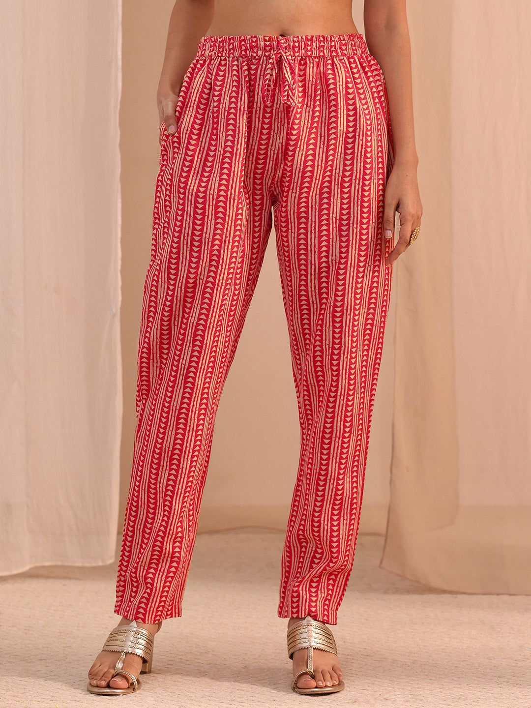  Red Yoke Embellished Cotton Blend Straight Suit Set 