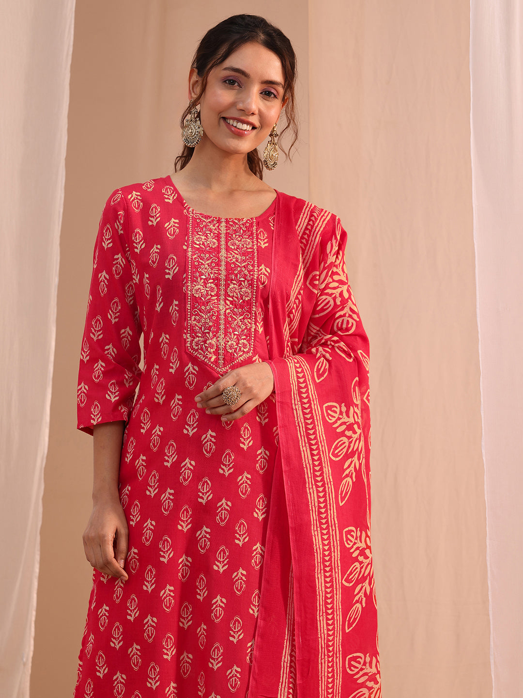  Red Yoke Embellished Cotton Blend Straight Suit Set 