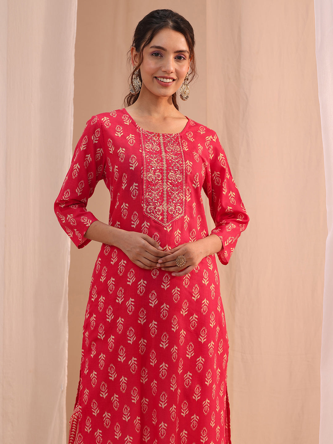  Red Yoke Embellished Cotton Blend Straight Suit Set 