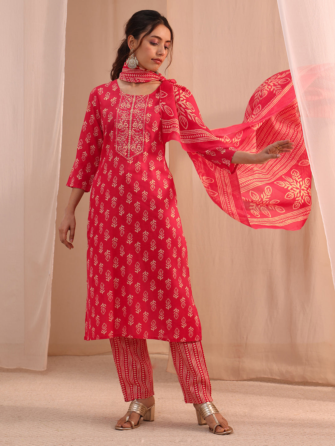 libas Red Yoke Embellished Cotton Blend Straight Suit Set-picture-47
