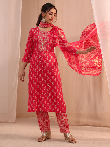 Gerua Red Yoke Embellished Cotton Blend Straight Suit Set