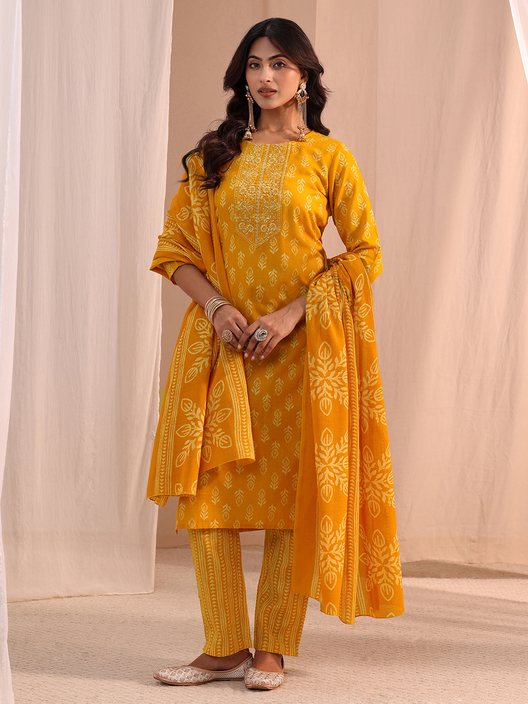  Mustard Yoke Embellished Cotton Blend Straight Suit Set 