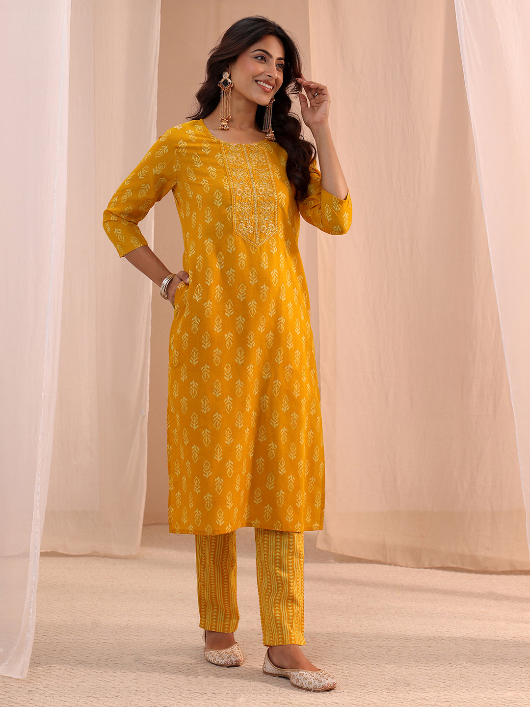  Mustard Yoke Embellished Cotton Blend Straight Suit Set 