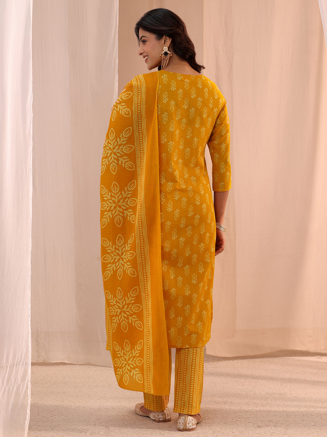  Mustard Yoke Embellished Cotton Blend Straight Suit Set 