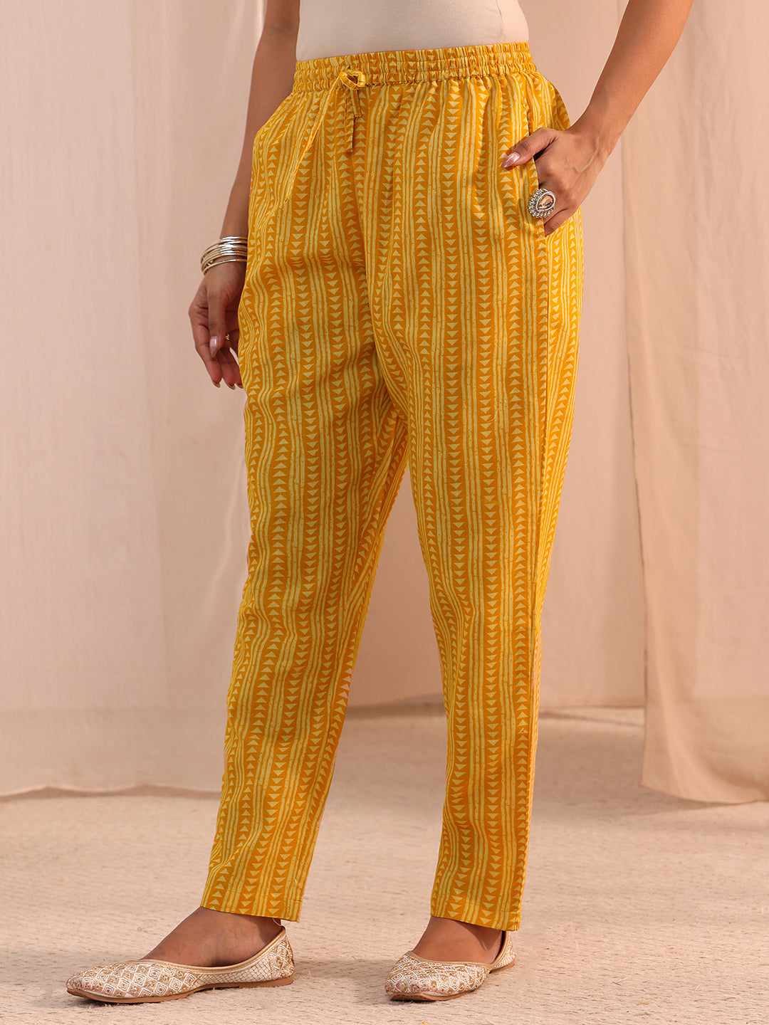  Mustard Yoke Embellished Cotton Blend Straight Suit Set 