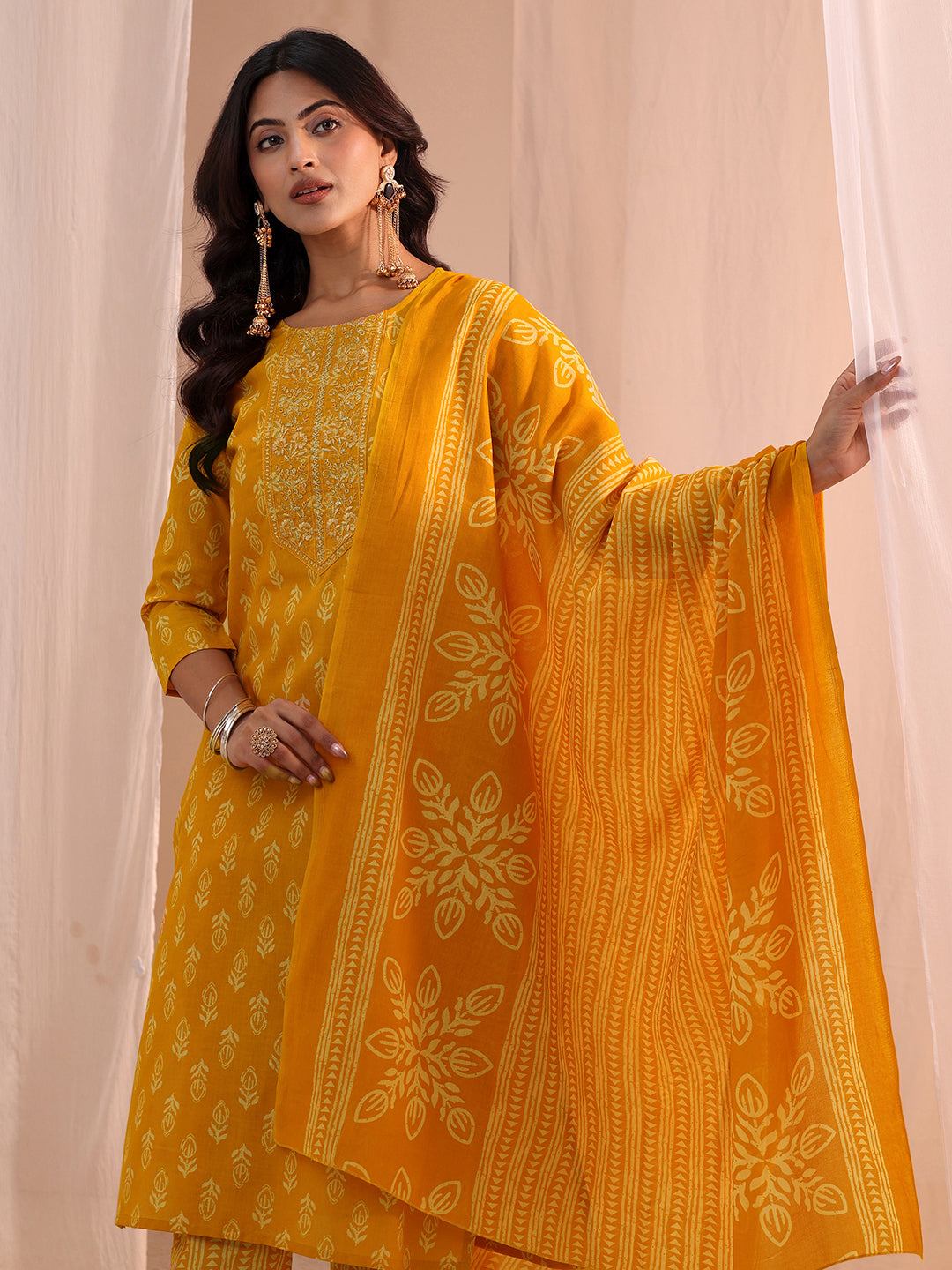  Mustard Yoke Embellished Cotton Blend Straight Suit Set 