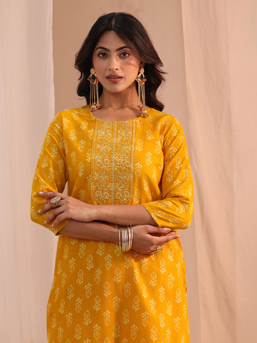  Mustard Yoke Embellished Cotton Blend Straight Suit Set 