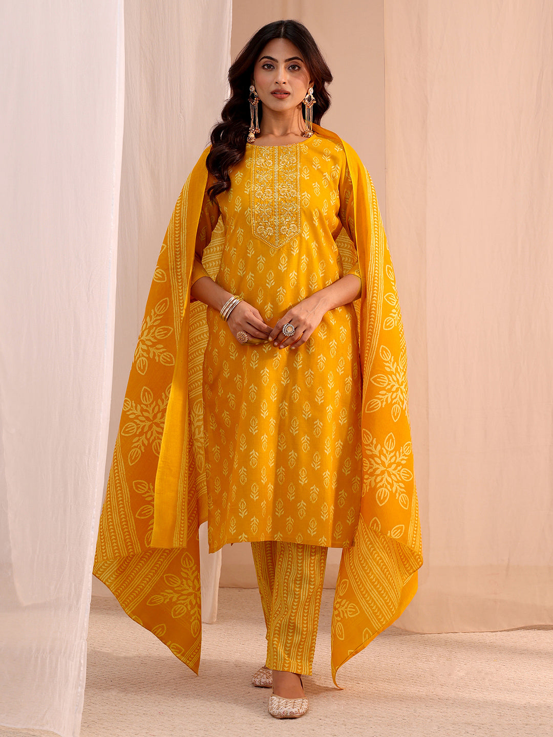libas Mustard Yoke Embellished Cotton Blend Straight Suit Set-picture-28