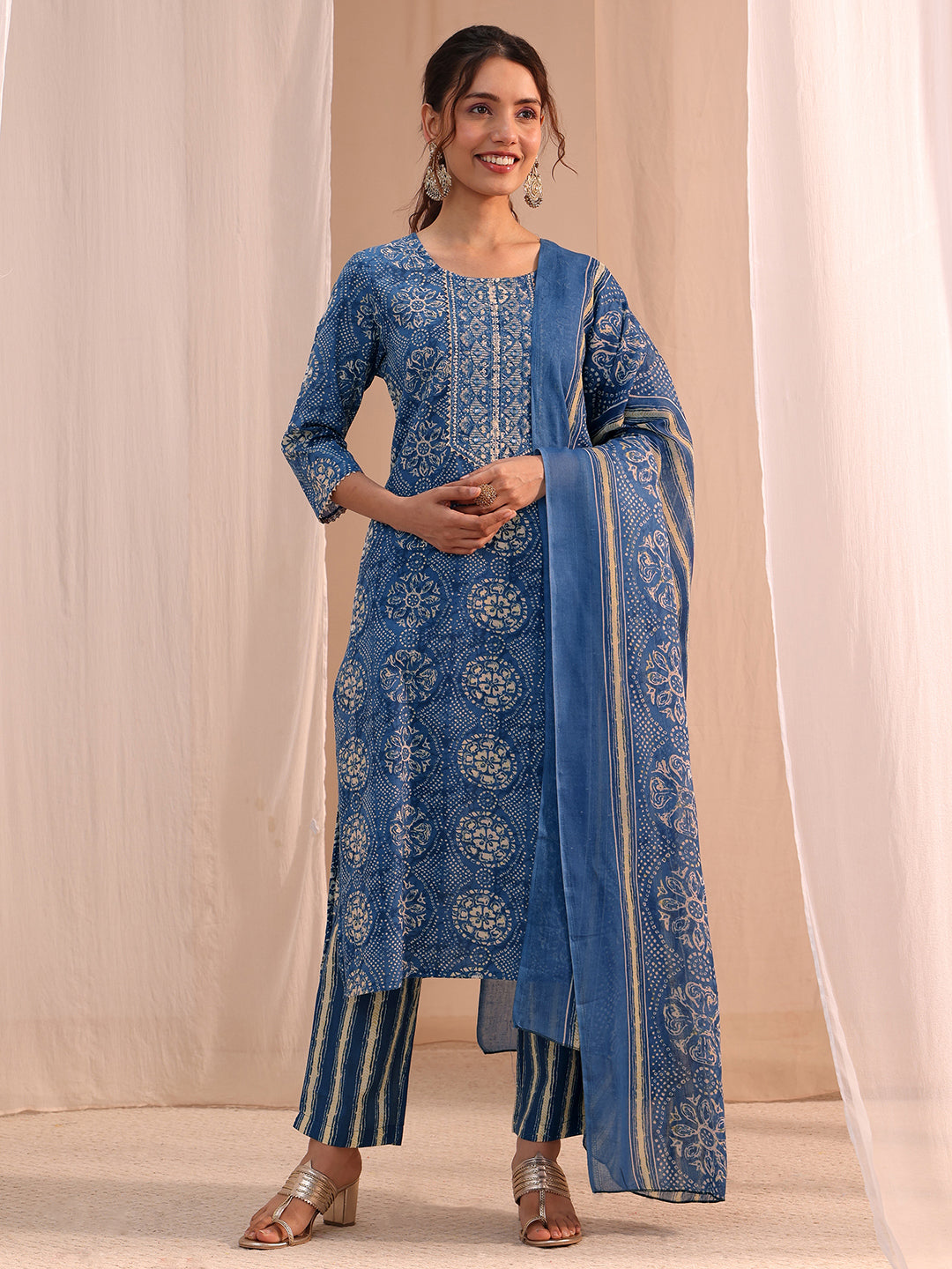  Blue Floral Cotton Blend Straight Suit Set 