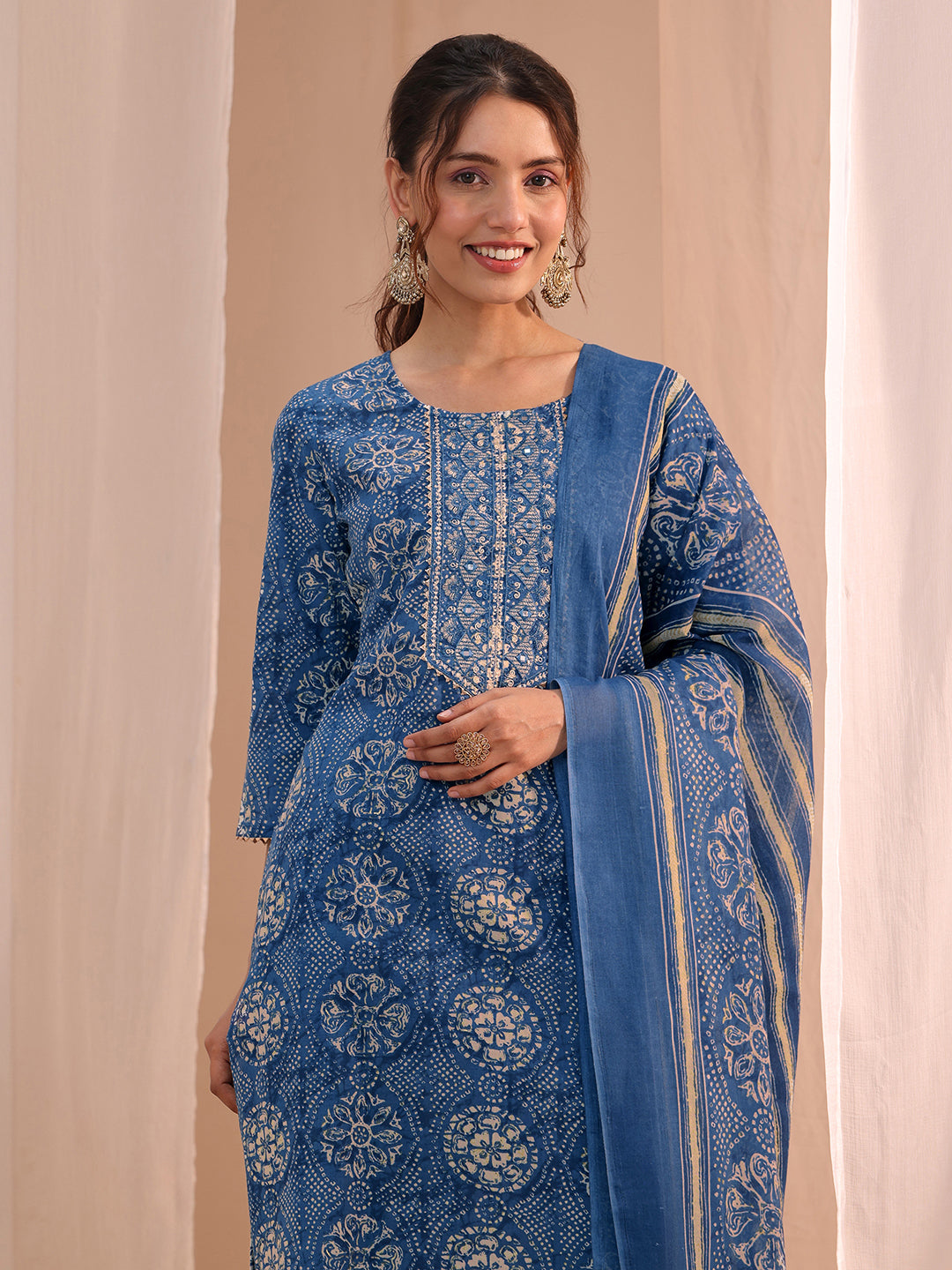  Blue Floral Cotton Blend Straight Suit Set 
