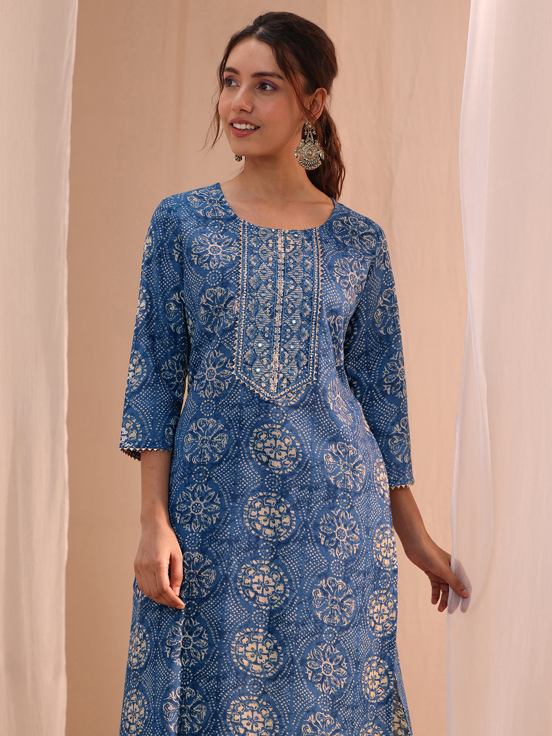  Blue Floral Cotton Blend Straight Suit Set 