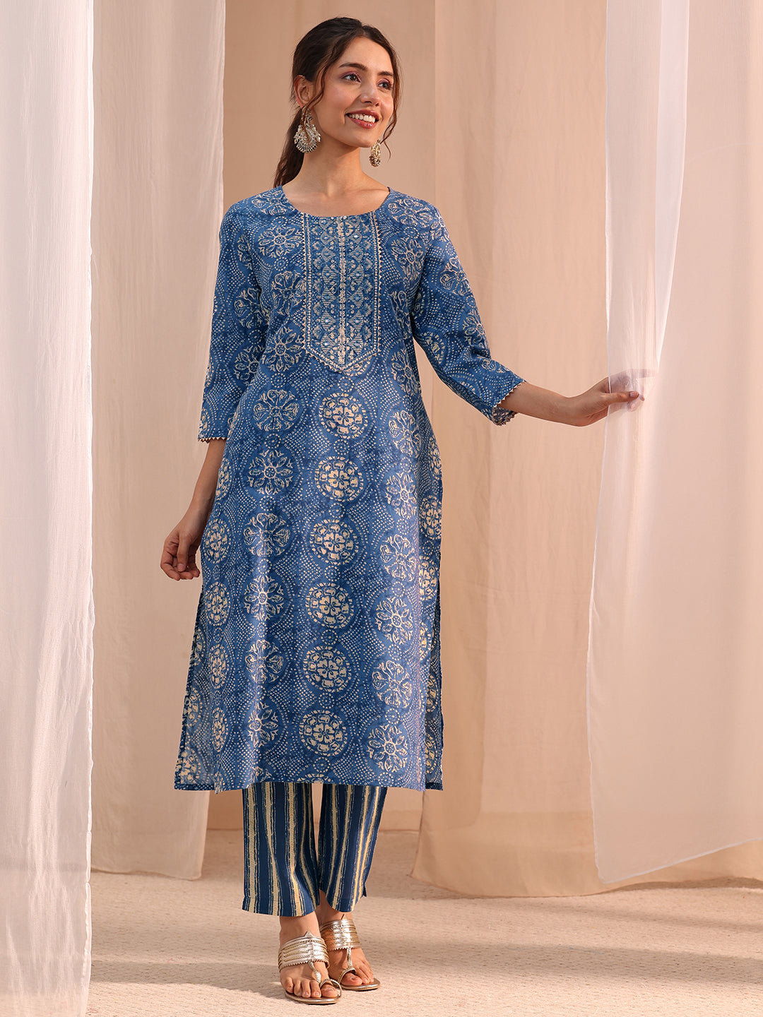  Blue Floral Cotton Blend Straight Suit Set 