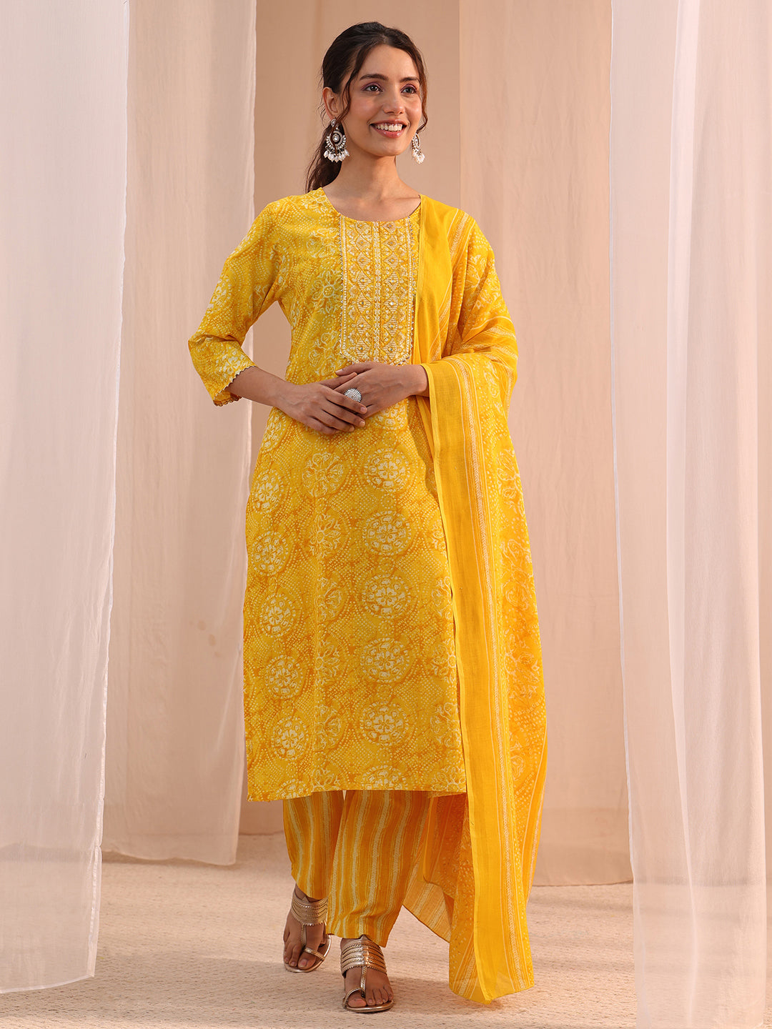 Yellow Floral Cotton Blend Straight Suit Set 