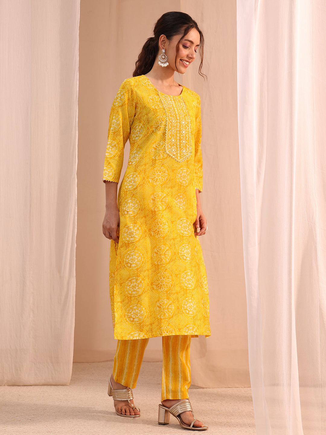  Yellow Floral Cotton Blend Straight Suit Set 