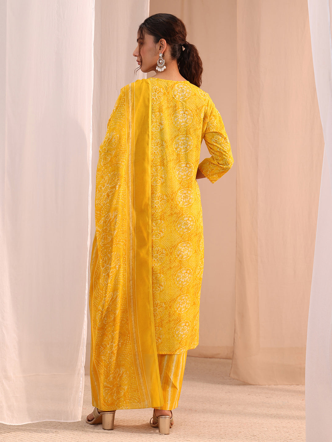  Yellow Floral Cotton Blend Straight Suit Set 