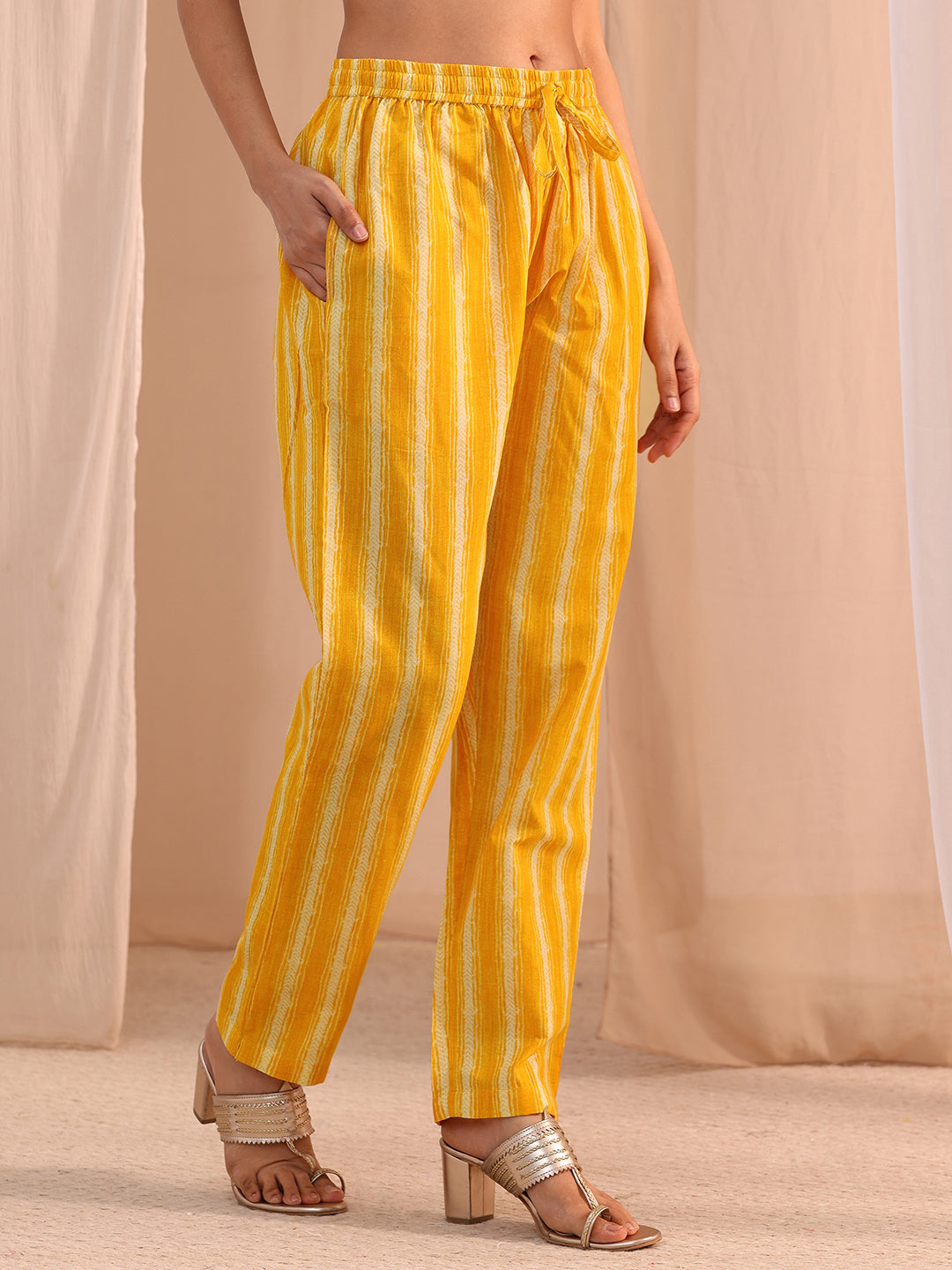  Yellow Floral Cotton Blend Straight Suit Set 
