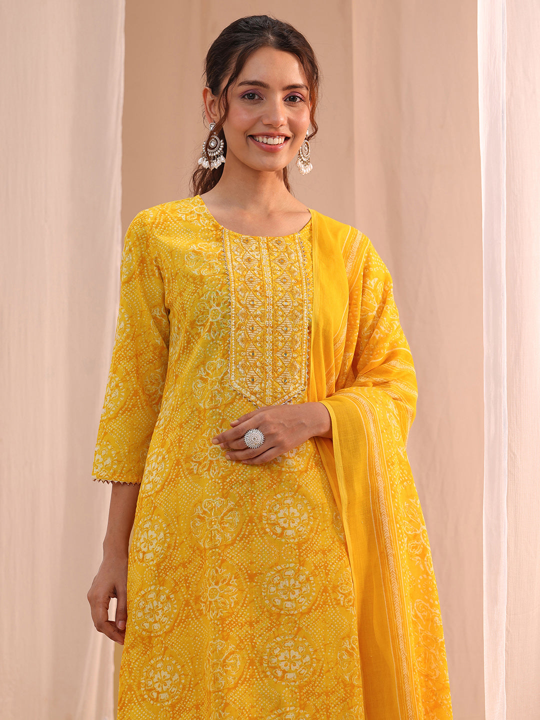  Yellow Floral Cotton Blend Straight Suit Set 