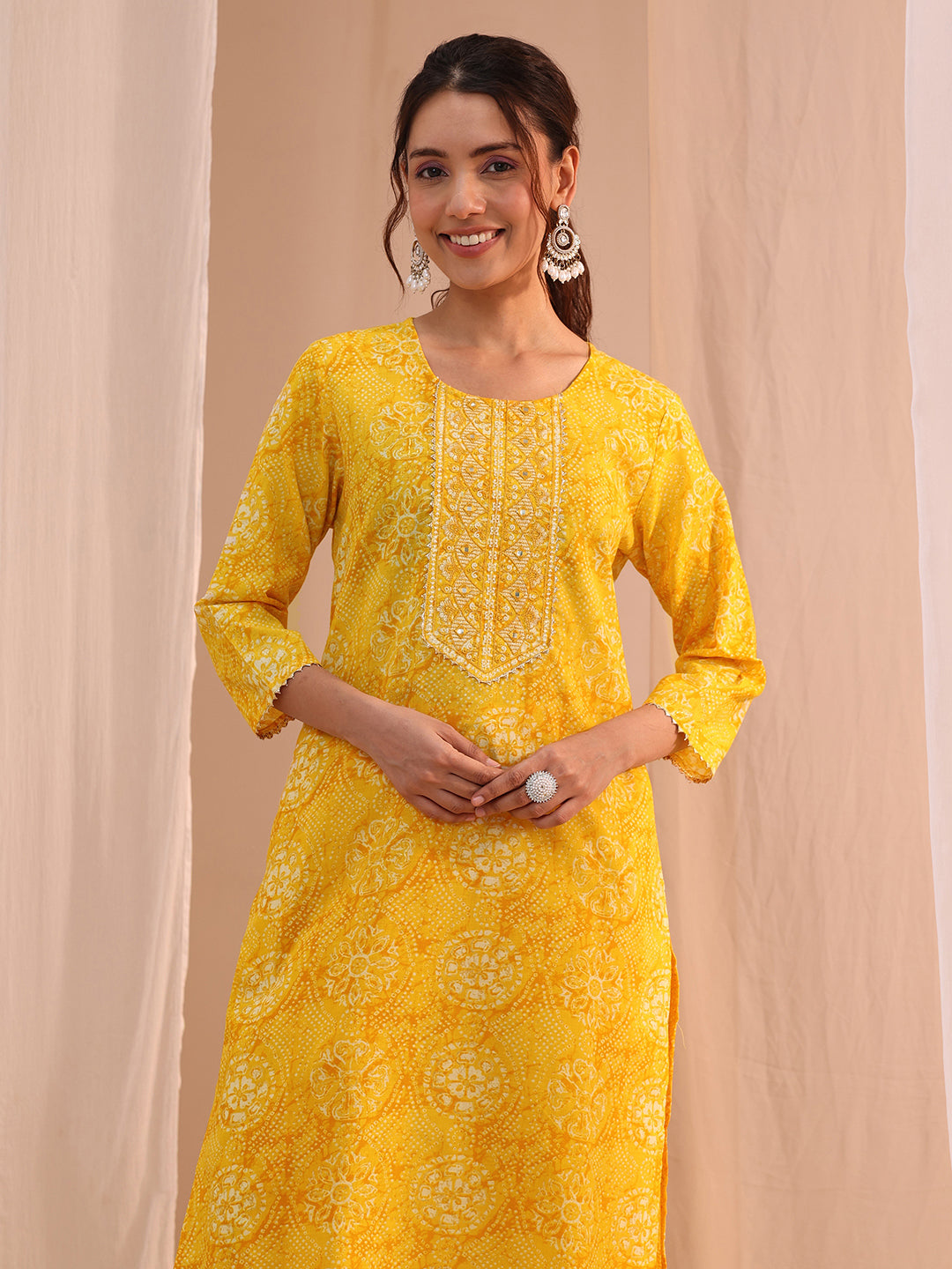  Yellow Floral Cotton Blend Straight Suit Set 