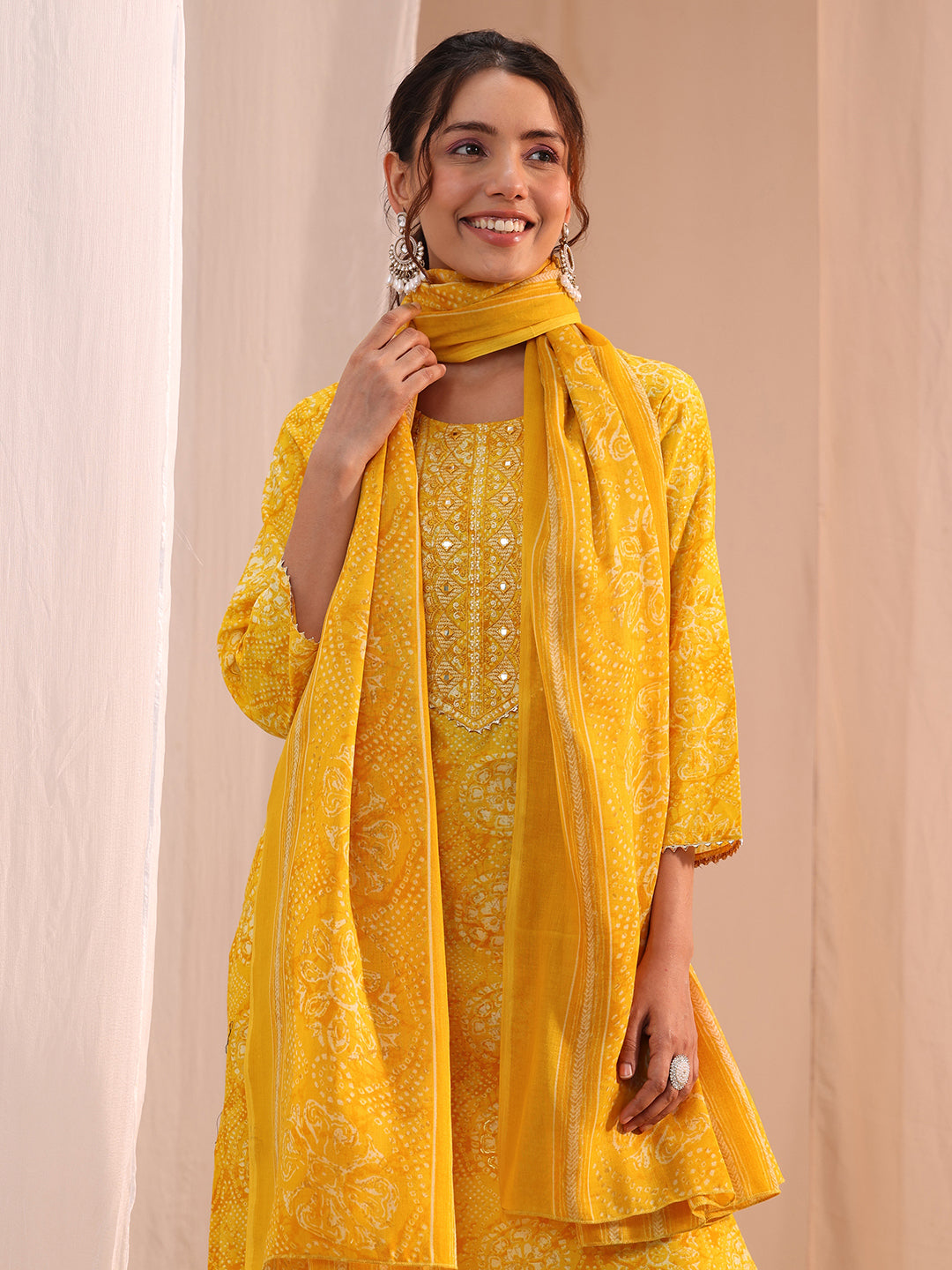  Yellow Floral Cotton Blend Straight Suit Set 