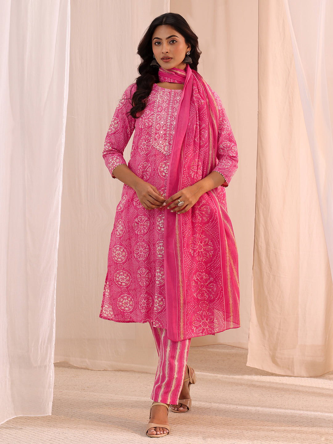  Pink Floral Cotton Blend Straight Suit Set 