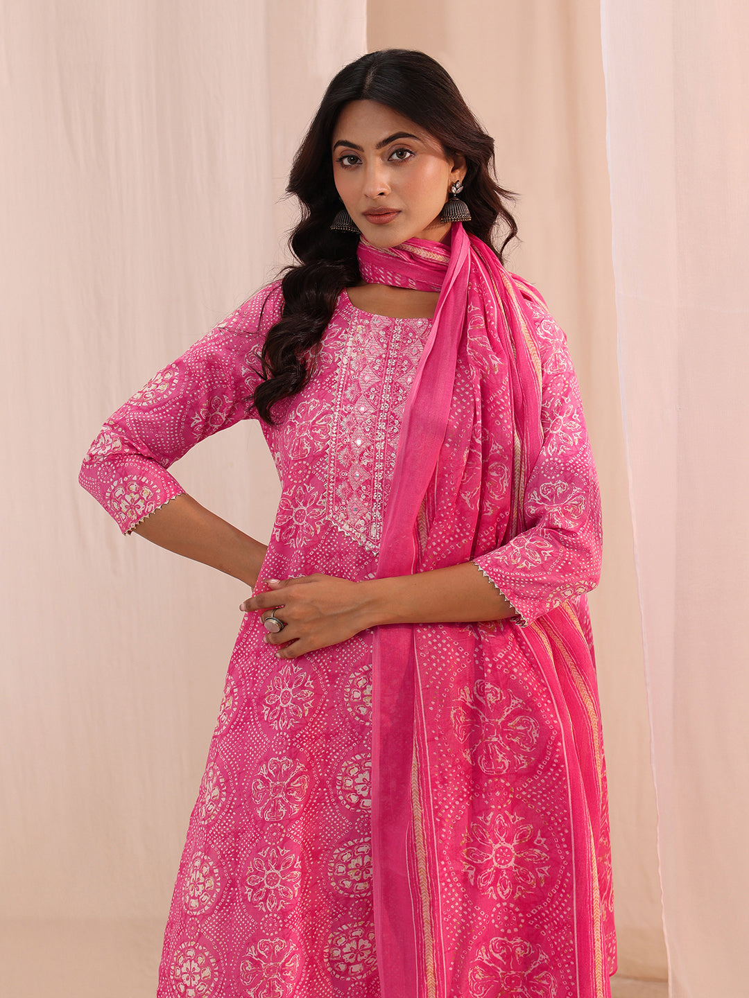  Pink Floral Cotton Blend Straight Suit Set 