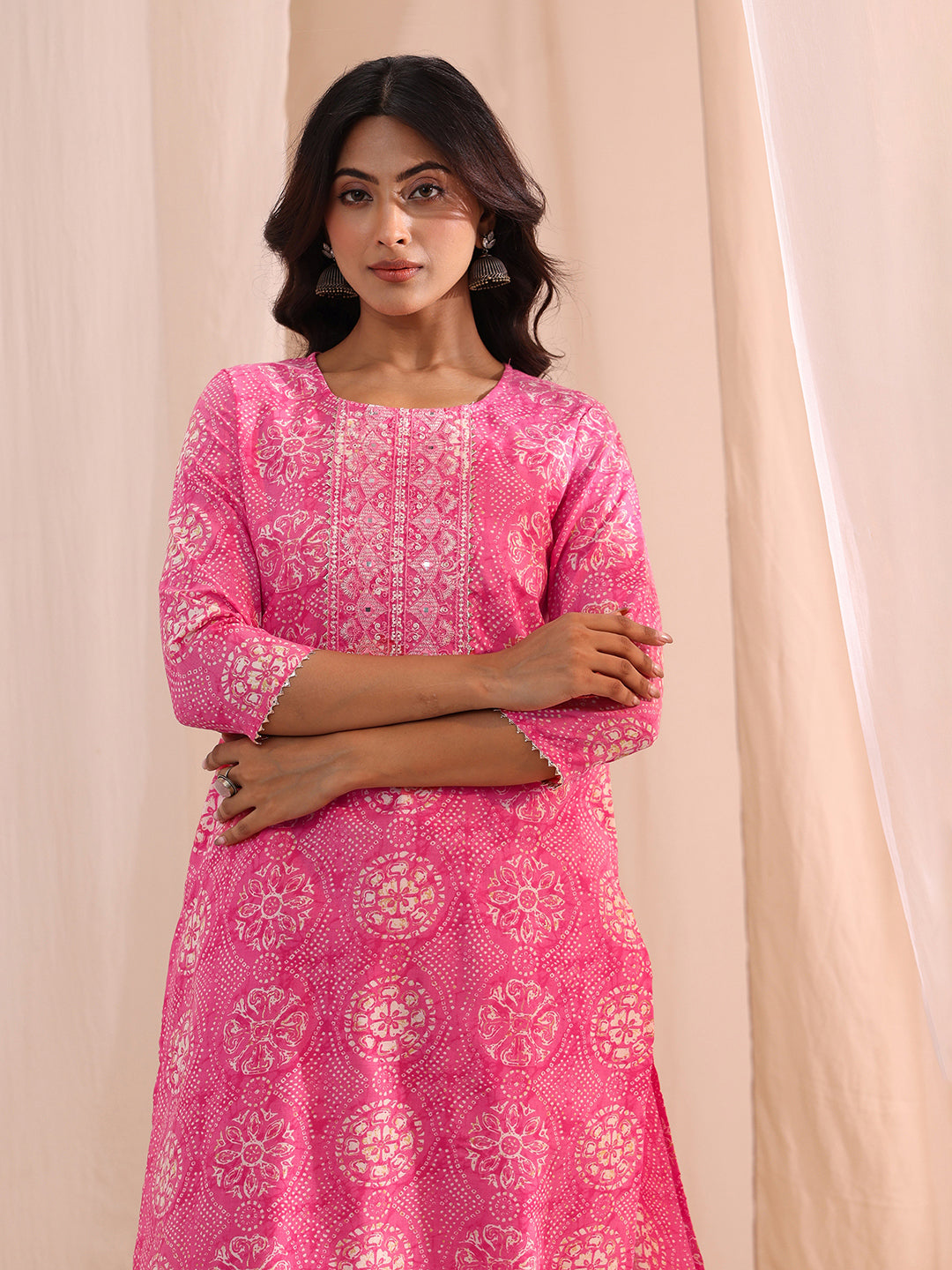  Pink Floral Cotton Blend Straight Suit Set 