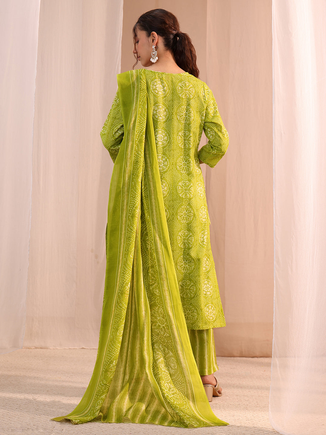 Green Floral Cotton Blend Straight Suit Set 