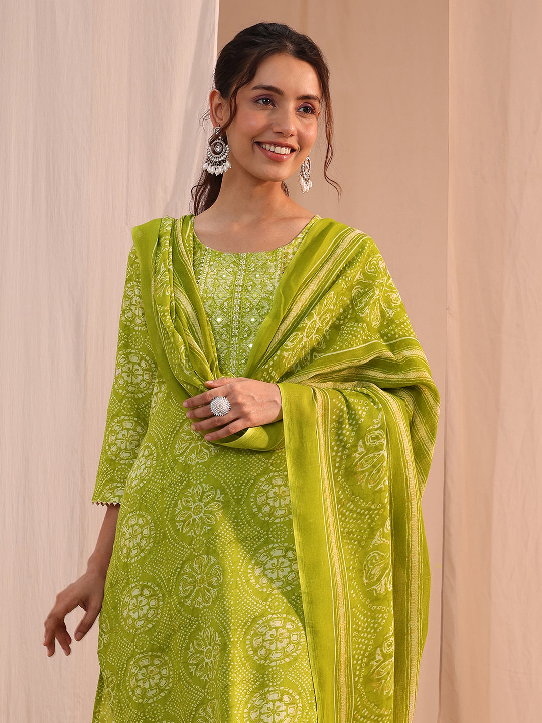  Green Floral Cotton Blend Straight Suit Set 