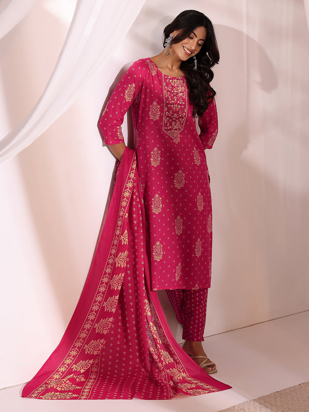  Pink Yoke Embellished Cotton Blend Straight Suit Set 