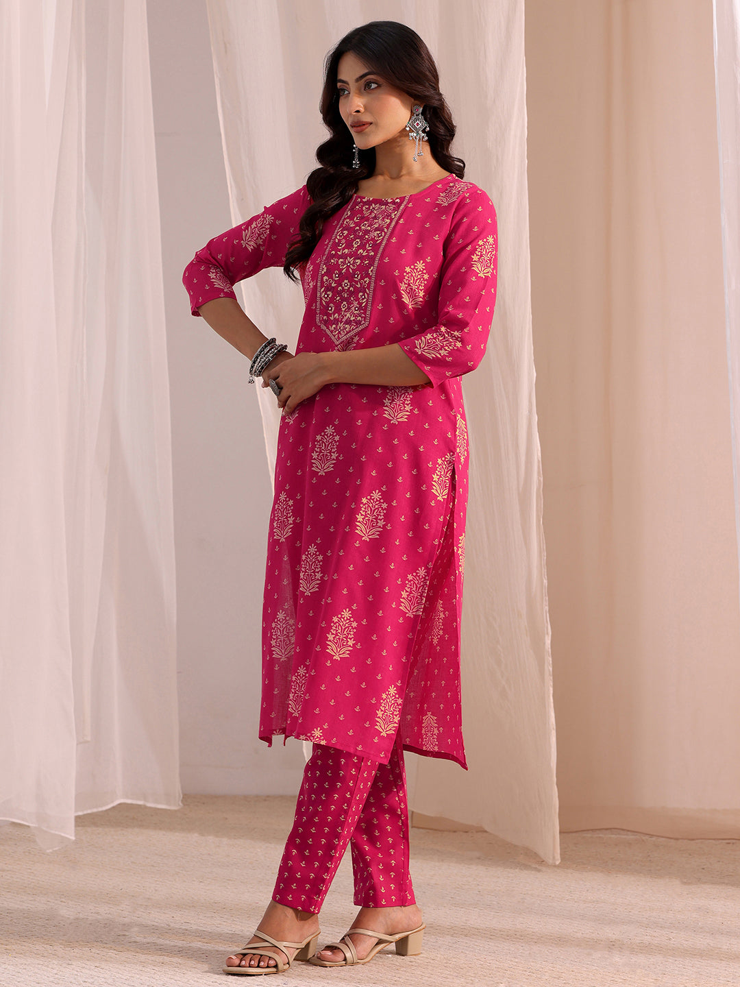  Pink Yoke Embellished Cotton Blend Straight Suit Set 