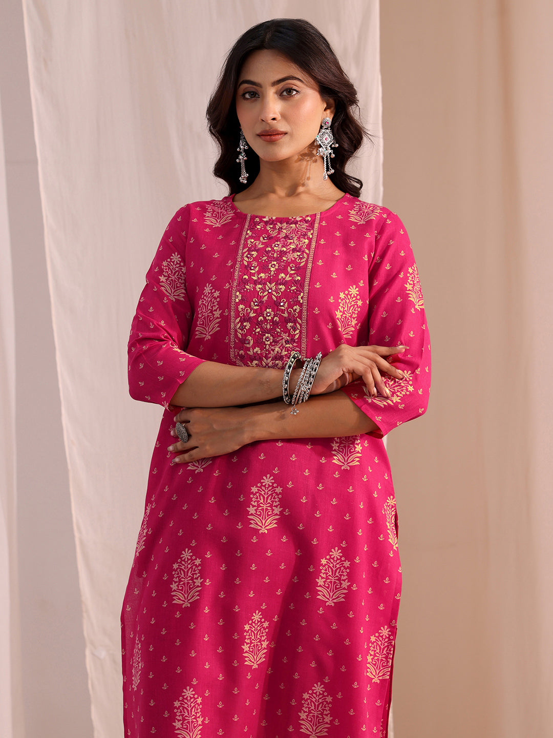  Pink Yoke Embellished Cotton Blend Straight Suit Set 