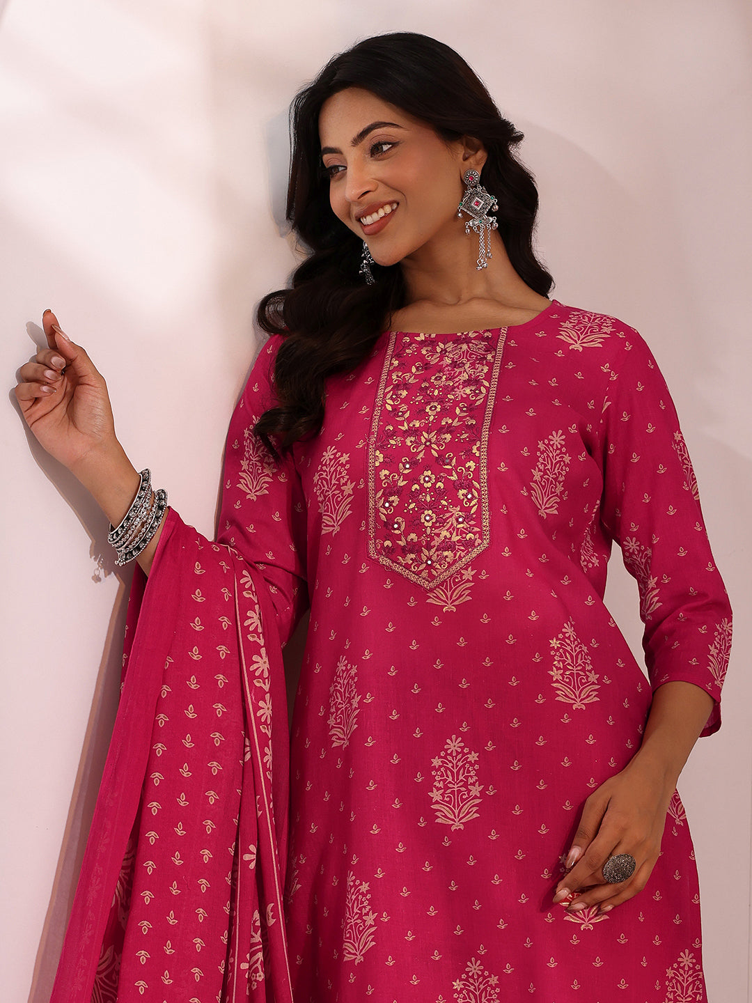  Pink Yoke Embellished Cotton Blend Straight Suit Set 