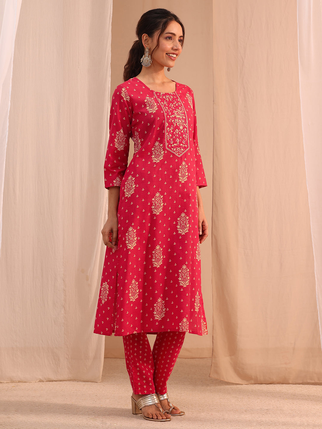  Red Yoke Embellished Cotton Blend Straight Suit Set 