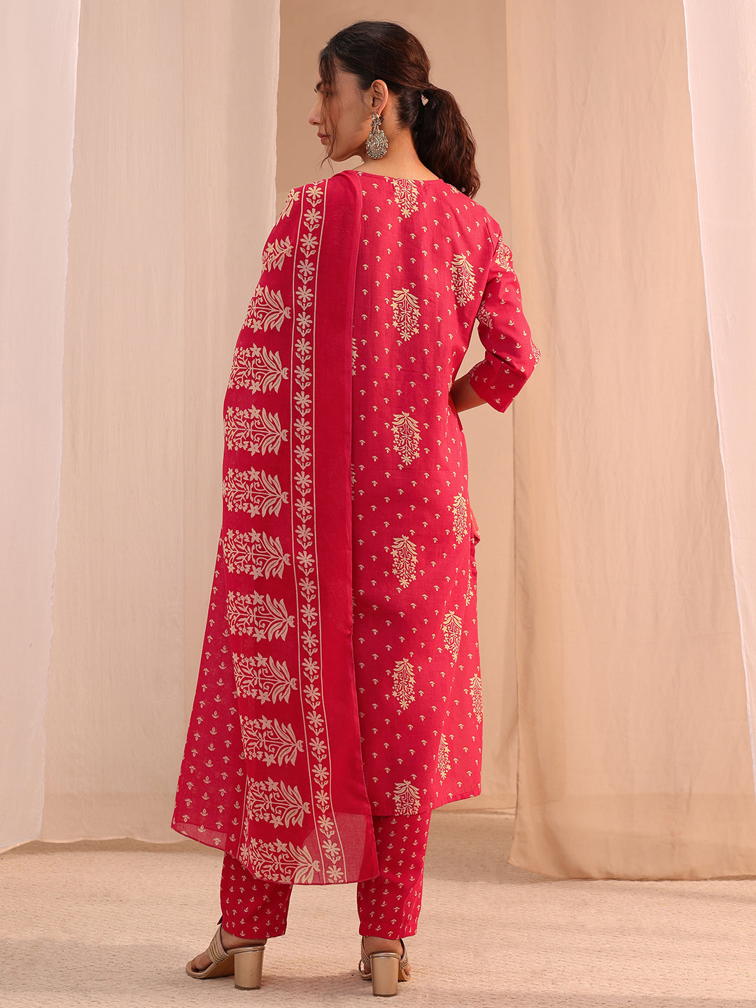 Red Yoke Embellished Cotton Blend Straight Suit Set 